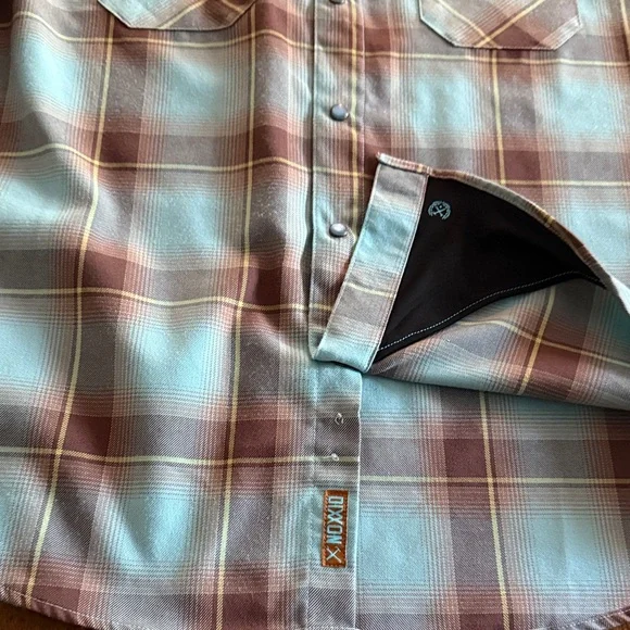 DIXXON *13th Street* button-up teal & brown long-sleeve plaid front pocket shirt - Picture 8 of 12